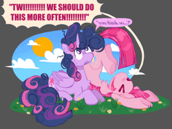 Size: 2128x1596 | Tagged: safe, artist:koidial, derpibooru import, pinkie pie, twilight sparkle, twilight sparkle (alicorn), alicorn, earth pony, pony, ><, alternate hairstyle, animated, chest fluff, cloud, curly mane, curly tail, dialogue, duo, duo female, ear fluff, emanata, eyes closed, female, flesh fang, flower, folded wings, g4, gif, grass, hairstyle swap, horn, image, lesbian, lying down, mare, prone, shipping, sky, speech bubble, sun, tail, twilight poofle, twinkie, wings