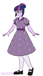 Size: 1804x3160 | Tagged: safe, artist:hayley566, derpibooru import, sci-twi, twilight sparkle, equestria girls, 1950s, alternate hairstyle, clothes, dress, female, flats, g4, glasses, image, png, shoes, simple background, socks, solo, stockings, thigh highs, transparent background
