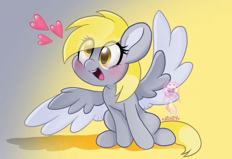 Size: 2314x1592 | Tagged: safe, artist:sparkiethewolf, derpibooru import, derpy hooves, pegasus, pony, blushing, colored wings, cute, derpabetes, eye clipping through hair, female, floating heart, g4, gradient background, gray background, heart, image, jpeg, mare, open mouth, open smile, shadow, simple background, sitting, smiling, solo, spread wings, two toned background, two toned wings, watermark, wings, yellow background