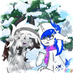 Size: 2048x2048 | Tagged: safe, artist:linkle, derpibooru import, oc, oc:astro lazuli, oc:silver edge, clothes, image, png, scarf, snow, winter