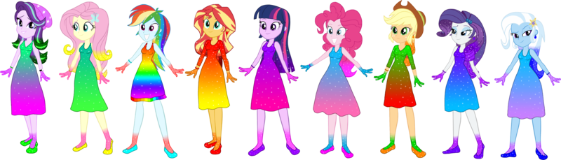 Size: 3923x1121 | Tagged: safe, artist:invisibleink, artist:tylerajohnson352, derpibooru import, applejack, fluttershy, pinkie pie, rainbow dash, rarity, sci-twi, starlight glimmer, sunset shimmer, trixie, twilight sparkle, human, equestria girls, beanie, beautiful, bracelet, clothes, colorful, cowboy hat, dress, female, flats, g4, glitter, hairpin, hat, humane five, humane seven, humane six, image, jewelry, png, shoes, sparkles, sparkly dress, sparkly hair