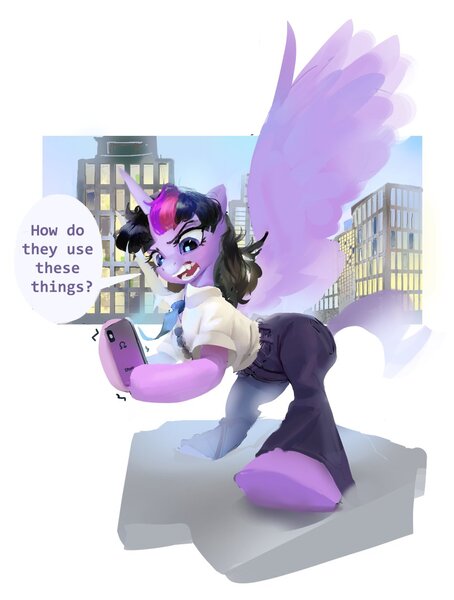 Size: 930x1228 | Tagged: safe, artist:vondsketch, derpibooru import, twilight sparkle, twilight sparkle (alicorn), alicorn, pony, bipedal, city, clothes, female, frustrated, g4, image, jpeg, mare, mobile phone, necktie, pants, phone, shirt, smartphone, solo, spread wings, wings