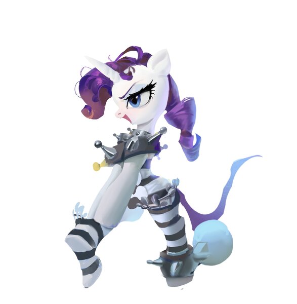 Size: 2454x2508 | Tagged: safe, artist:vondsketch, derpibooru import, rarity, pony, unicorn, ball and chain, clothes, female, g4, horn, image, jpeg, mare, prison outfit, simple background, solo, white background