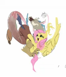 Size: 1422x1665 | Tagged: safe, artist:vondsketch, derpibooru import, discord, fluttershy, draconequus, pegasus, pony, discoshy, duo, duo male and female, facial hair, fangs, female, flying, goatee, heart, heart eyes, hug, image, jpeg, male, mare, shipping, simple background, spread wings, straight, white background, wingding eyes, wings