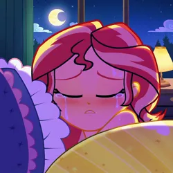 Size: 1024x1024 | Tagged: safe, ai content, derpibooru import, machine learning generated, sunset shimmer, equestria girls, bedroom, crying, female, first person view, g4, image, jpeg, night, offscreen character, pov, solo, solo female, tearjerker