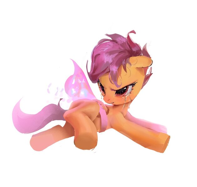 Size: 1026x977 | Tagged: safe, artist:vondsketch, derpibooru import, scootaloo, pegasus, pony, artificial wings, augmented, crying, female, filly, foal, image, jpeg, lying down, prone, simple background, solo, white background, wings