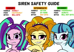 Size: 6264x4458 | Tagged: safe, artist:tjpones, derpibooru import, adagio dazzle, aria blaze, sonata dusk, ponified, hybrid, pony, siren, absurd resolution, equestria girls ponified, female, grin, image, implied biting, lidded eyes, looking at you, mare, png, sharp teeth, simple background, smiling, smiling at you, teeth, text, the dazzlings, trio, trio female, white background