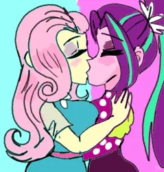 Size: 700x733 | Tagged: safe, artist:vanillawaffer3000, derpibooru import, aria blaze, fluttershy, human, equestria girls, ariashy, blushing, duo, duo female, eyes closed, eyeshadow, female, g4, holding each other, image, jpeg, kiss on the lips, kissing, lesbian, makeup, requested art, shipping