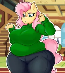 Size: 1800x2030 | Tagged: suggestive, artist:disco chaos, derpibooru import, fluttershy, anthro, pegasus, big breasts, breasts, clothes, curvy, denim, fat, female, g4, huge breasts, image, jeans, pants, png, solo, sweater, sweatershy, wide hips