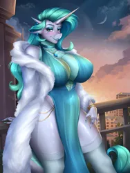 Size: 2625x3500 | Tagged: suggestive, artist:ashimaroo, derpibooru import, oc, oc:saphira, unofficial characters only, dracony, dragon, hybrid, unicorn, big breasts, breasts, busty oc, clothes, commission, dress, female, fur coat, horn, image, interspecies offspring, offspring, parent:rarity, parent:spike, parents:sparity, png, solo, solo female