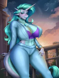 Size: 2625x3500 | Tagged: suggestive, alternate version, artist:ashimaroo, derpibooru import, oc, oc:saphira, unofficial characters only, anthro, dracony, dragon, hybrid, unicorn, belly button, big breasts, breasts, busty oc, clothes, commission, female, horn, huge breasts, image, interspecies offspring, jacket, looking at you, midriff, offspring, parent:rarity, parent:spike, parents:sparity, png, smiling, solo, solo female