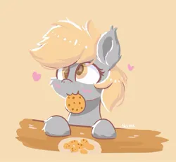 Size: 721x665 | Tagged: safe, artist:skylinepony_, derpibooru import, derpy hooves, pegasus, pony, cookie, eating, female, food, g4, heart, image, jpeg, orange background, simple background, solo