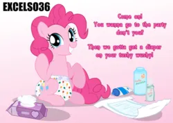 Size: 935x661 | Tagged: safe, artist:excelso36, derpibooru import, pinkie pie, pony, diaper, diaper butt, diaper fetish, female, fetish, g4, gradient background, image, jpeg, mare, non-baby in diaper, poofy diaper, solo, tail, talking to viewer