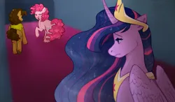 Size: 1760x1030 | Tagged: safe, artist:violetpony11, derpibooru import, cheese sandwich, pinkie pie, princess twilight 2.0, twilight sparkle, twilight sparkle (alicorn), alicorn, earth pony, pony, the last problem, butt, cheesepie, crown, ethereal mane, eyes closed, female, g4, image, implied lesbian, implied shipping, implied twinkie, indoors, jewelry, male, mare, older, older twilight, older twilight sparkle (alicorn), open mouth, open smile, peytral, plot, png, regalia, shipping, smiling, stallion, starry mane, straight, teary eyes, trio, unrequited