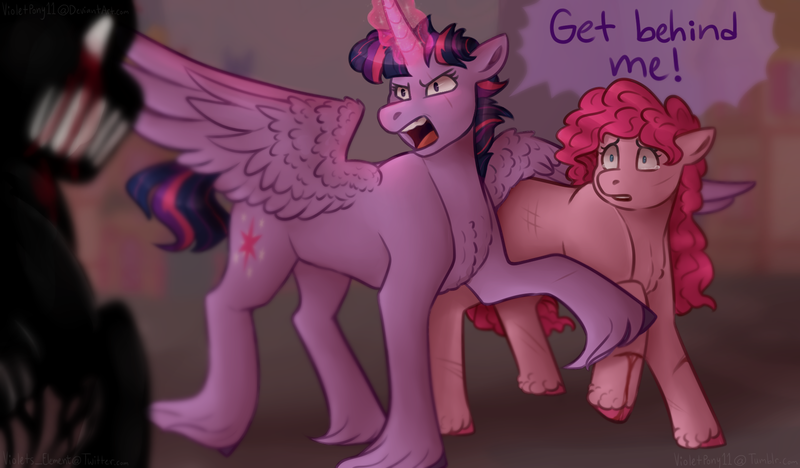 Size: 1760x1030 | Tagged: semi-grimdark, artist:violetpony11, derpibooru import, pinkie pie, twilight sparkle, earth pony, pony, undead, zombie, zombie pony, blood, crying, duo focus, female, glow, glowing horn, hoof fluff, horn, image, lesbian, long feather, mare, mlp infection, open mouth, out of focus, outdoors, png, protecting, shipping, spread wings, tears of blood, twinkie, unshorn fetlocks, wings, yelling