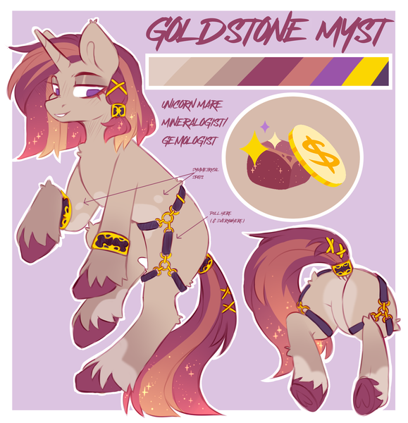 Size: 2607x2700 | Tagged: safe, artist:cheekipone, derpibooru import, oc, oc:goldstone myst, unofficial characters only, pony, unicorn, bracelet, butt, female, gold, gold coins, harness, horn, image, jewelry, mare, png, reference sheet, rock, solo, solo female, tack