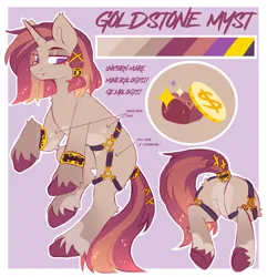 Size: 2607x2700 | Tagged: safe, artist:cheekipone, derpibooru import, oc, oc:goldstone myst, unofficial characters only, pony, unicorn, bracelet, butt, female, gold, gold coins, harness, horn, image, jewelry, mare, png, reference sheet, rock, solo, solo female, tack