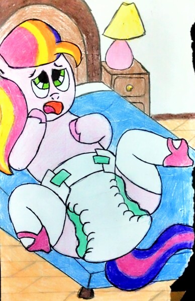 Size: 2203x3411 | Tagged: safe, artist:bitter sweetness, derpibooru import, earth pony, g5, my little pony: a new generation, my little pony: tell your tale, abdl, adult foal, bed, bedside lamp, clothes, diaper, diaper fetish, fetish, green eyes, image, jpeg, laying on bed, lying down, non-baby in diaper, on bed, open mouth, poofy diaper, school shoes, socks, sunny starscout's mother, traditional art, wooden floor