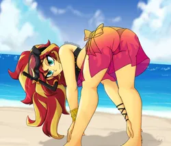 Size: 2800x2401 | Tagged: suggestive, artist:dibujoschidosdelabad, derpibooru import, sunset shimmer, human, equestria girls, ass, ass up, beach, bunset shimmer, butt, clothes, dive mask, female, g4, goggles, high res, image, looking at you, looking back, looking back at you, my little pony equestria girls: better together, ocean, png, sarong, see-through, smiling, smiling at you, solo, solo female, swimsuit, water