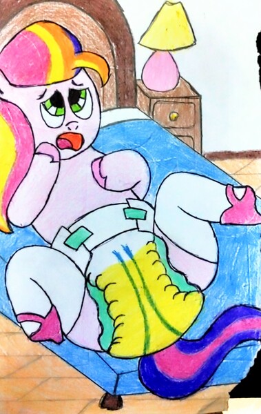 Size: 2262x3582 | Tagged: questionable, artist:bitter sweetness, derpibooru import, earth pony, g5, my little pony: a new generation, my little pony: tell your tale, abdl, adult foal, bed, bedside lamp, clothes, diaper, diaper fetish, fetish, green eyes, image, jpeg, laying on bed, lying down, mattress, non-baby in diaper, on bed, open mouth, pissing, poofy diaper, school shoes, socks, sunny starscout's mother, traditional art, urine, used diaper, wet diaper, wetting, wetting diaper, wooden floor