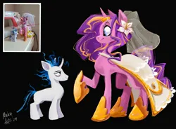Size: 2227x1640 | Tagged: safe, artist:jaminymiller, derpibooru import, princess cadance, shining armor, alicorn, pony, unicorn, black background, clothes, dress, female, flower, flower in hair, g4, height difference, horn, image, jpeg, looking at each other, looking at someone, male, meme, messy mane, missing cutie mark, ship:shiningcadance, shipping, simple background, smiling, smiling at each other, straight, the bride and the ugly ass groom, veil, wedding dress, wedding veil