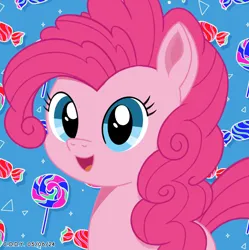 Size: 1980x1986 | Tagged: safe, artist:codenamekid, derpibooru import, pinkie pie, earth pony, pony, blue background, candy, curly hair, curly mane, cute, digital art, female, food, g4, happy, image, lollipop, looking at you, mare, open mouth, png, shading, simple background, solo, stars, triangle