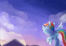 Size: 3665x2568 | Tagged: safe, artist:nnaly, derpibooru import, rainbow dash, pegasus, pony, cloud, facing away, female, flying, g4, high res, image, jpeg, mare, mountain, night, night sky, outdoors, signature, sky, solo, spread wings, stars, tail, wings