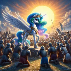 Size: 1024x1024 | Tagged: prompter needed, safe, ai content, derpibooru import, machine learning generated, princess celestia, alicorn, horse, human, pony, armor, army, cloud, crowd, crown, female, g4, generator:bing image creator, generator:dall-e 3, helmet, image, jewelry, jpeg, kneeling, mare, medieval, outdoors, peytral, praise the sun, regalia, rock, sky, spear, spread wings, sun, weapon, wings, wrong cutie mark, wrong eye color