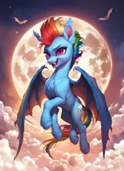 Size: 1024x1408 | Tagged: safe, ai content, derpibooru import, machine learning generated, prompter:star-dragon, stable diffusion, rainbow dash, bat pony, pony, bat ponified, bat wings, fangs, female, flying, full moon, g4, generator:pony diffusion v6 xl, image, mare, moon, night, open mouth, open smile, png, race swap, rainbowbat, slit pupils, smiling, solo, wings