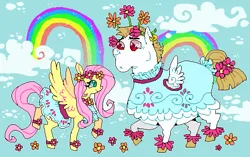 Size: 527x332 | Tagged: safe, artist:njeekyo, derpibooru import, bulk biceps, fluttershy, pegasus, pony, rainbow falls, blue background, clothes, dress, duo, duo male and female, female, floral head wreath, flower, flower in tail, g4, image, male, mare, png, rainbow, simple background, stallion, standing on two hooves, tail