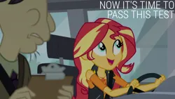 Size: 1920x1080 | Tagged: safe, derpibooru import, edit, edited screencap, editor:quoterific, screencap, cranky doodle donkey, sunset shimmer, driving miss shimmer, equestria girls, equestria girls series, g4, image, my little pony equestria girls: choose your own ending, png