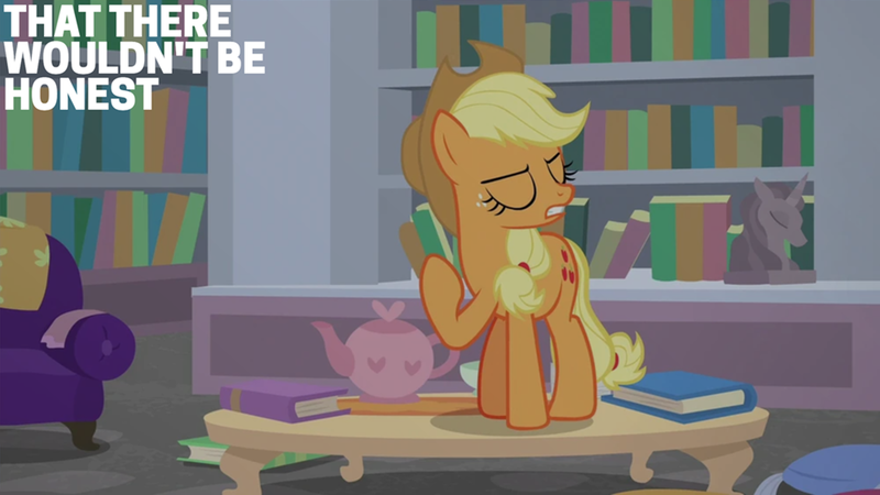 Size: 2000x1125 | Tagged: safe, derpibooru import, edit, edited screencap, editor:quoterific, screencap, applejack, ocellus, g4, what lies beneath, disguise, disguised changeling, hypocrite, image, png