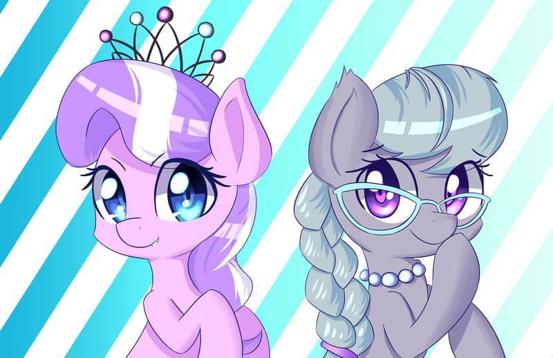 Size: 5950x3850 | Tagged: safe, alternate version, artist:kawaiipony2, derpibooru import, diamond tiara, silver spoon, earth pony, pony, absurd resolution, adorabullies, braid, braided ponytail, cute, diamondbetes, duo, duo female, eye clipping through hair, eyebrows, eyebrows visible through hair, female, filly, foal, g4, glasses, high res, image, jewelry, looking at you, necklace, png, ponytail, raised hoof, signature, silverbetes, smiling, smiling at you, tiara