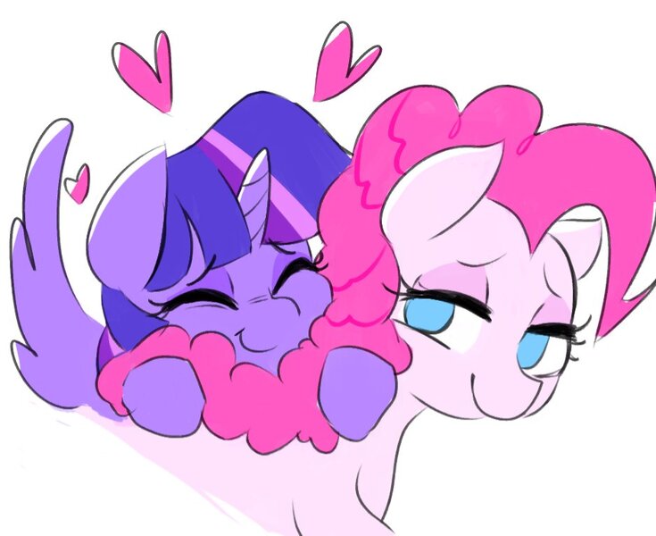 Size: 938x766 | Tagged: safe, artist:kiriniskimkirin, derpibooru import, pinkie pie, twilight sparkle, alicorn, earth pony, pony, duo, duo female, female, g4, heart, hug, hug from behind, image, jpeg, lesbian, mare, no pupils, shipping, simple background, twinkie, white background