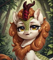 Size: 1808x2048 | Tagged: safe, ai content, derpibooru import, machine learning generated, prompter:ramprover, stable diffusion, autumn blaze, kirin, bust, chest fluff, cute, cute little fangs, ear fluff, fangs, female, forest, g4, generator:pony diffusion v6 xl, horn, image, jpeg, jungle, kirinbetes, lidded eyes, long eyelashes, looking at you, nature, outdoors, smiling, smiling at you, solo, tree