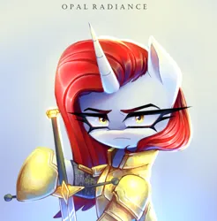 Size: 2950x3000 | Tagged: safe, artist:opal_radiance, derpibooru import, oc, unofficial characters only, pony, unicorn, armor, horn, image, png, solo, sword, weapon