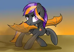 Size: 1620x1140 | Tagged: safe, artist:notadeliciouspotato, derpibooru import, oc, oc:bright wings, unofficial characters only, bat pony, pony, bat pony oc, bat wings, dust, dust cloud, female, g4, image, jewelry, lidded eyes, mare, necklace, png, raised hoof, signature, smiling, solo, spread wings, sunset, wings