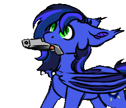 Size: 379x326 | Tagged: safe, artist:fluffyghost, derpibooru import, oc, oc:guard cobalt flash, unofficial characters only, bat pony, animated, bat pony oc, bat wings, commission, gif, gun, image, ready to fight, vibrating, violence, weapon, wings, ych result