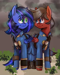 Size: 948x1200 | Tagged: safe, artist:cozziesart, derpibooru import, oc, oc:guard cobalt flash, oc:strong hoof, unofficial characters only, bat pony, pegasus, bat pony oc, bat wings, clothes, fallout, image, jumpsuit, looking at each other, looking at someone, male, pegasus oc, pipbuck, png, vault suit, wings