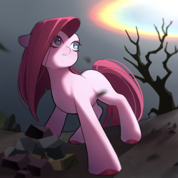Size: 1280x1280 | Tagged: safe, artist:huxiyizhiji, derpibooru import, pinkie pie, earth pony, pony, the cutie mark chronicles, female, filly, foal, g4, image, png, rock farm, solo, sonic rainboom, tree