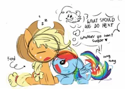 Size: 1721x1235 | Tagged: safe, artist:appledash3r_, derpibooru import, applejack, rainbow dash, earth pony, pegasus, pony, appledash, behaving like a dog, big head, blonde mane, blonde tail, blue coat, blushing, chibi, colored sketch, crouching, cute, dashabetes, dialogue, duo, duo female, emanata, eyelashes, eyes closed, female, freckles, g4, image, implied winona, jackabetes, jpeg, lesbian, looking at someone, mare, multicolored hair, multicolored mane, multicolored tail, onomatopoeia, open mouth, open smile, orange coat, ponytail, rainbow hair, rainbow tail, shipping, simple background, sitting, sketch, small wings, smiling, smiling at someone, sound effects, sparkly eyes, speech bubble, spread wings, sweat, sweatdrop, tail, tail wag, talking, text, thinking, thought bubble, tied mane, tied tail, tired, white background, wingding eyes, wings, zzz