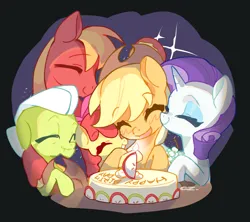 Size: 3505x3116 | Tagged: safe, artist:chengzi82020, derpibooru import, apple bloom, applejack, big macintosh, granny smith, rarity, earth pony, pony, unicorn, apple, apple family, birthday cake, black background, blushing, cake, candle, eyes closed, female, filly, flower, foal, food, happy birthday, head rub, horn, image, male, mare, open mouth, png, simple background, stallion, table, text