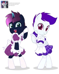 Size: 2869x3600 | Tagged: safe, artist:ramixe dash, derpibooru import, oc, oc:osiris eclipse, oc:ramixe dash, unofficial characters only, pegasus, pony, unicorn, g5, base used, clothes, colored horn, duo, g4, g5 to g4, generation leap, gradient mane, horn, image, male, png, signature, simple background, socks, stallion, transparent background, watermark