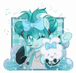 Size: 2400x2300 | Tagged: safe, artist:weixin635, derpibooru import, ponified, pony, semi-anthro, abstract background, duo, female, hatsune miku, image, jpeg, mare, one eye closed, simple background, smiling, vocaloid, white background, wink