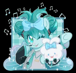 Size: 2400x2300 | Tagged: safe, artist:weixin635, derpibooru import, ponified, pony, semi-anthro, abstract background, black background, duo, female, hatsune miku, image, jpeg, mare, one eye closed, simple background, smiling, vocaloid, wink