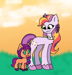 Size: 949x985 | Tagged: safe, artist:aaliyahthedream12, derpibooru import, sunny starscout, earth pony, pony, g5, my little pony: tell your tale, spoiler:g5, spoiler:my little pony: tell your tale, spoiler:tyts02e11, beady eyes, duo, duo female, female, filly, filly sunny starscout, foal, image, jewelry, mare, mother and child, mother and daughter, necklace, open mouth, open smile, outdoors, png, smiling, sunny starscout's mother, tail, unshorn fetlocks, written in the starscouts, younger