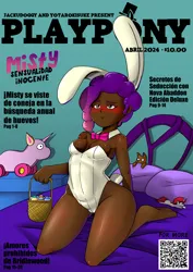 Size: 2480x3508 | Tagged: suggestive, artist:jackudoggy, derpibooru import, human, g5, adorasexy, breasts, bunny suit, busty misty brightdawn, clothes, cute, dark skin, female, humanized, image, jpeg, misty brightdawn, mistybetes, playboy, playpony, plushie, reasonably sized breasts, sexy, solo, solo female, spanish, spanish text, text