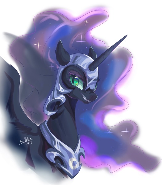 Size: 1999x2285 | Tagged: safe, artist:mrdelta1, derpibooru import, nightmare moon, alicorn, pony, ear fluff, ethereal mane, female, g4, helmet, image, jpeg, mare, peytral, simple background, solo, starry mane, white background