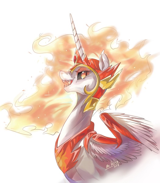 Size: 1999x2285 | Tagged: safe, artist:mrdelta1, derpibooru import, daybreaker, princess celestia, alicorn, pony, ear fluff, female, g4, helmet, image, jpeg, mane of fire, mare, open mouth, peytral, profile, sharp teeth, simple background, solo, teeth, white background