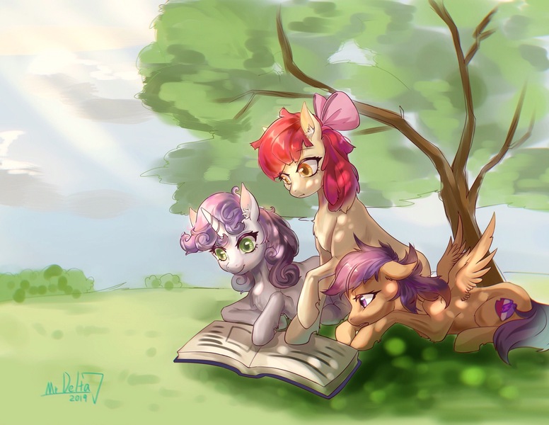 Size: 1606x1242 | Tagged: safe, artist:mrdelta1, derpibooru import, apple bloom, scootaloo, sweetie belle, earth pony, pegasus, pony, unicorn, apple bloom's bow, book, bow, chest fluff, cutie mark, cutie mark crusaders, dappled sunlight, ear fluff, female, filly, foal, g4, hair bow, horn, image, jpeg, leg fluff, lying down, prone, reading, signature, spread wings, the cmc's cutie marks, tree, under the tree, wings